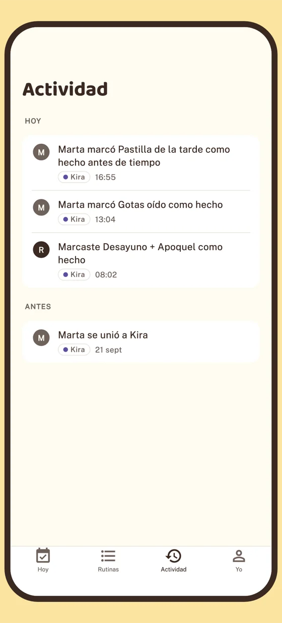 La pantalla Actividad de Raúl. Hoy: Marta marcó Pastilla de la tarde como hecho antes de tiempo, 16:55. Marta marcó Gotas oído como hecho, 13:04. Marcaste Desayuno + Apoquel como hecho, 08:02. Antes: Marta se unió a Kira, 21 sept.