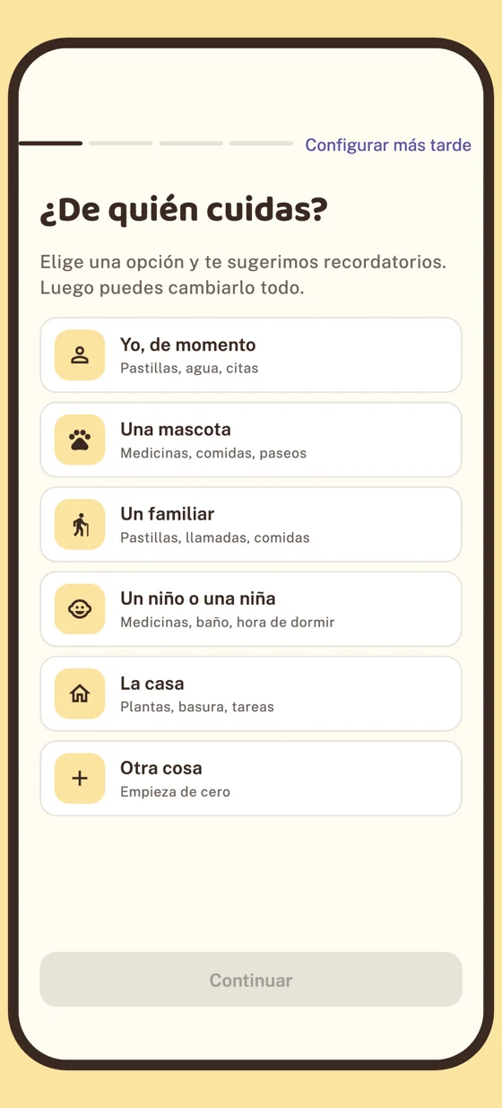 La primera pregunta de la app, ¿De quién cuidas?, con las opciones: Yo, de momento; Una mascota; Un familiar; Un niño o una niña; La casa; Otra cosa.