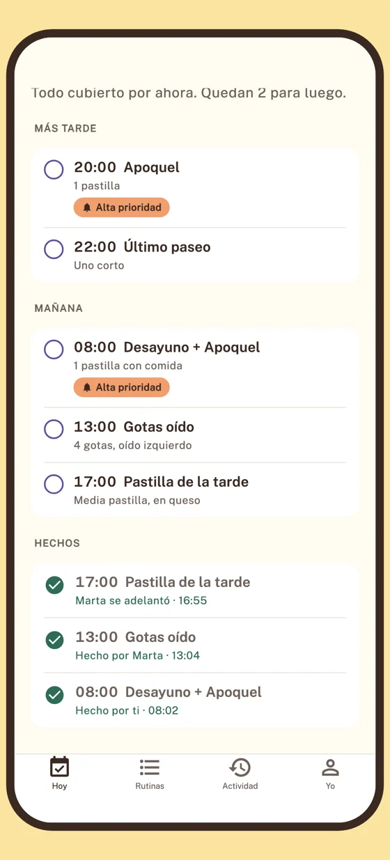 La pantalla Hoy de Raúl a las 17:05. Más tarde: 20:00 Apoquel, alta prioridad, y 22:00 Último paseo. Los recordatorios de mañana. Hechos: 17:00 Pastilla de la tarde, Marta se adelantó a las 16:55; 13:00 Gotas oído, hecho por Marta a las 13:04; 08:00 Desayuno + Apoquel, hecho por ti a las 08:02.